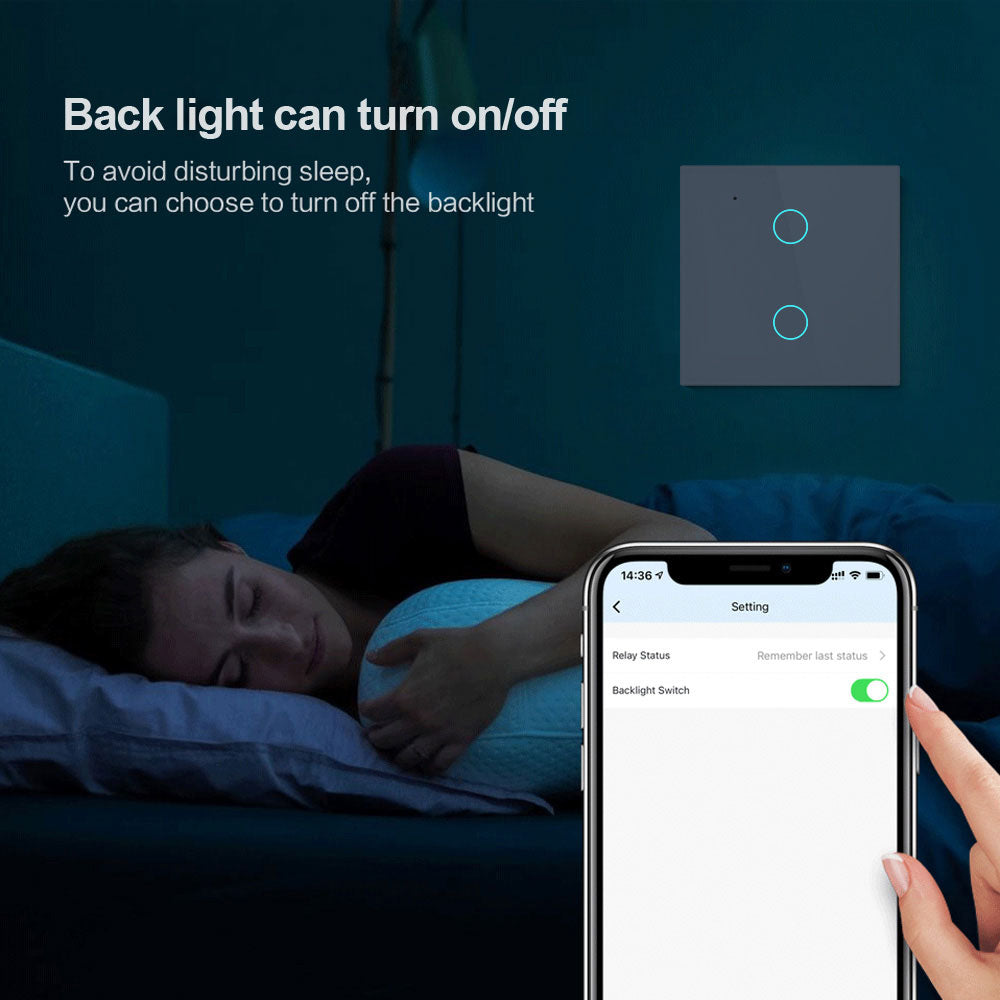 Întrerupător inteligent cu două canale WiFi, Întrerupător silențios cu senzor, de sticlă, pentru decorarea biroului, fără cablu neutru, control la distanță, casă inteligentă